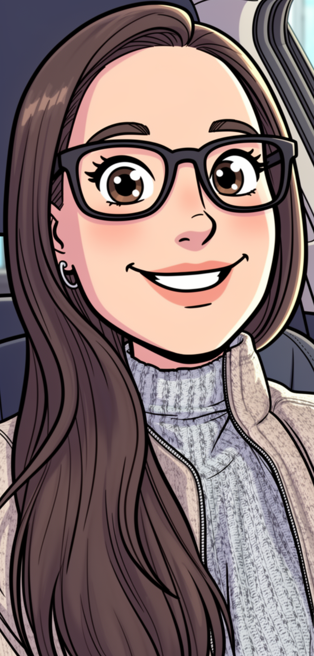 A cartoon-style portrait of a smiling woman with long brown hair and glasses, 
      wearing a light jacket and sweater, sitting in a car. The mood is cheerful and relaxed.