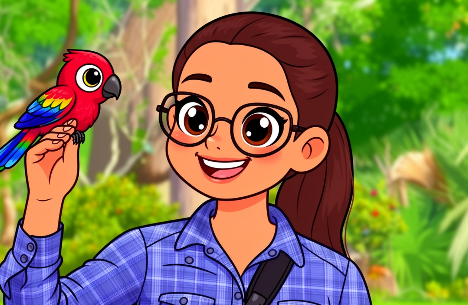 A smiling cartoon girl with glasses and a ponytail holds a colorful
       parrot on her finger. She's wearing a blue plaid shirt in a vibrant forest setting.