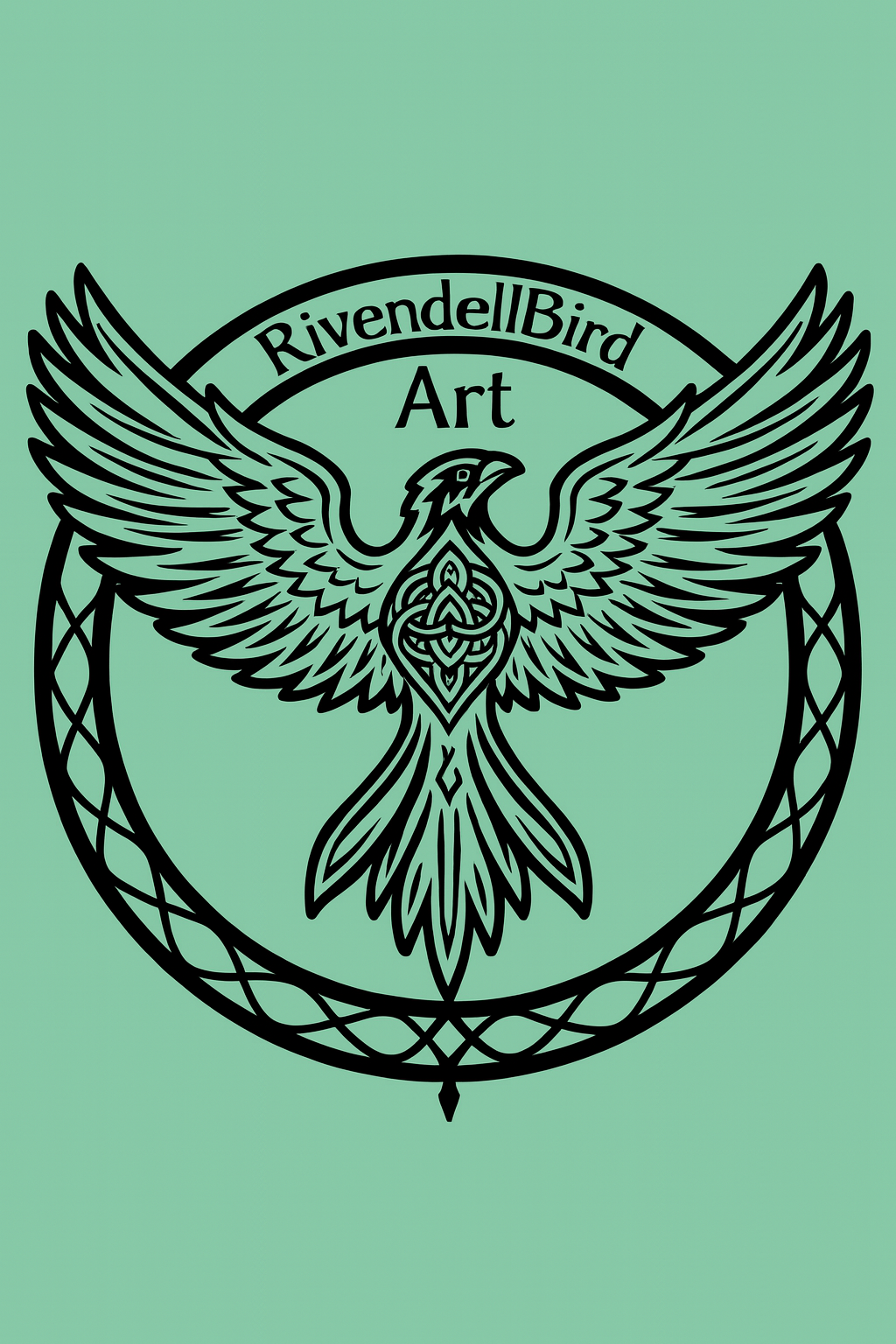 Black outline of a large, non-specific 
    raptor with wings spread wide and head pointing right, a celtic-inspired knot in the center of the chest. 
    The bird is encircled by a large circular Celtic-inspired knot.